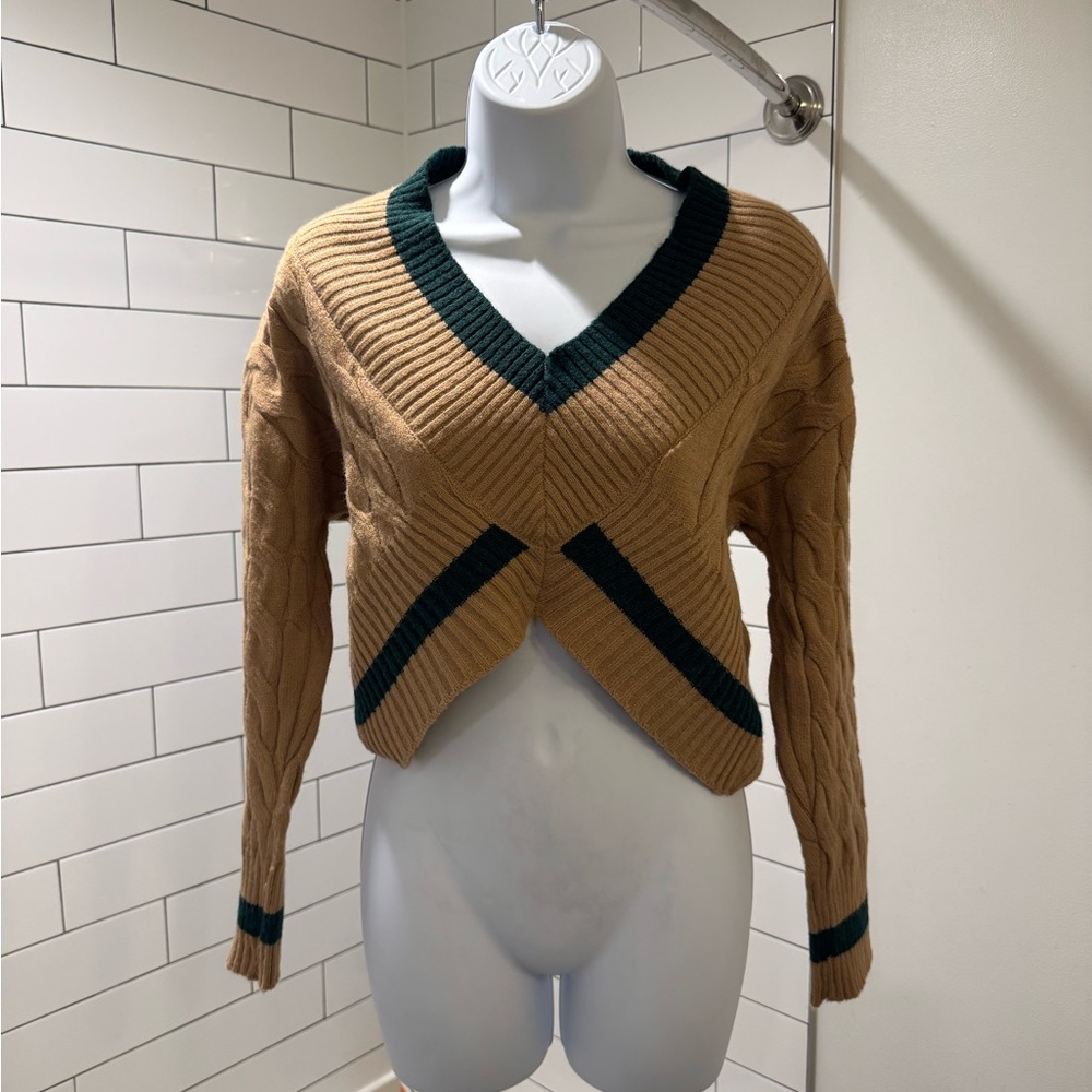 Tan and Green Cropped Women's Sweater